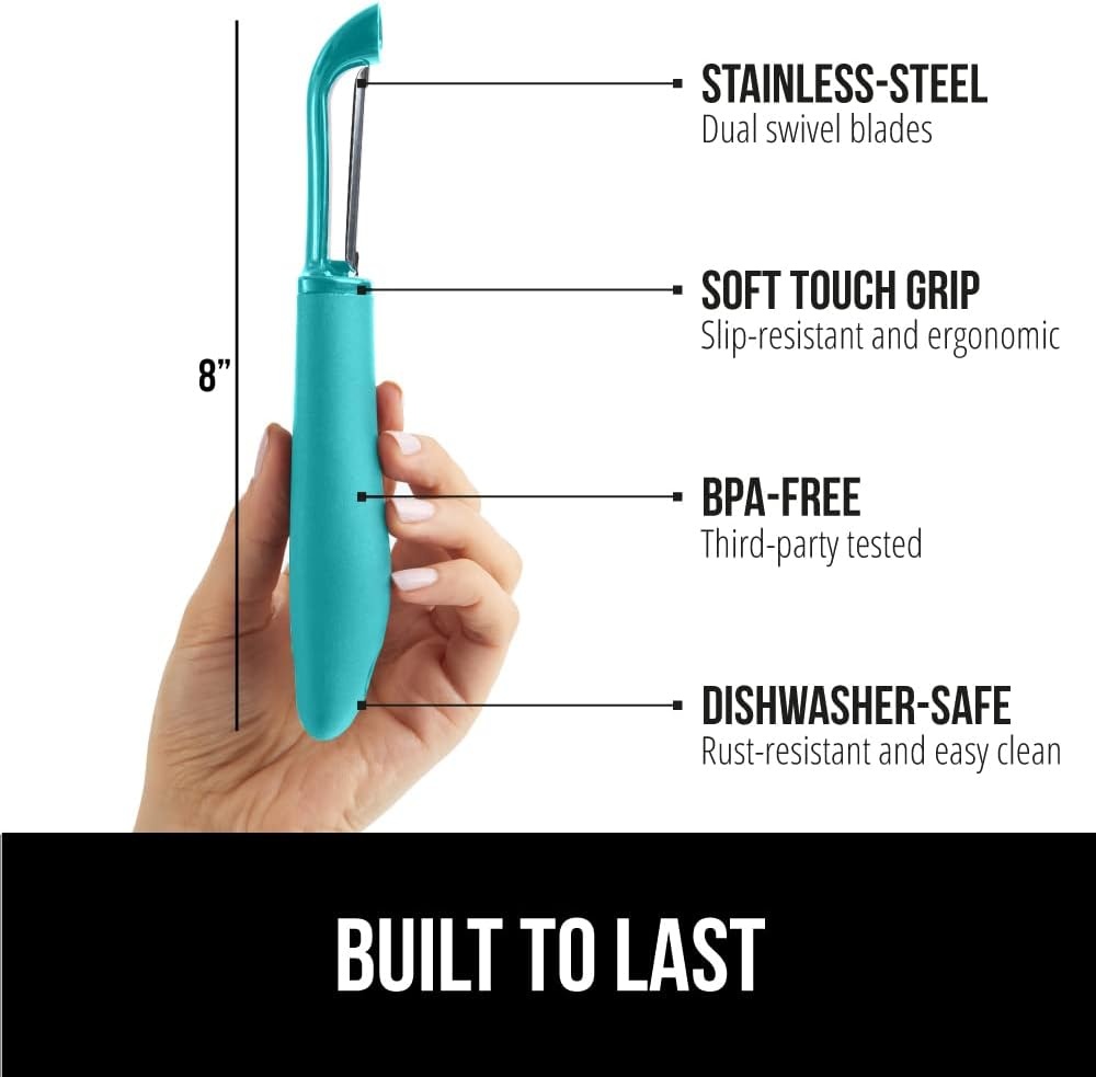 image:imageGORILLA GRIP Patented BPAFree Vegetable Peeler Extra Sharp Swivel Stainless Steel Blades with Guard Comfortable Soft Handle Easily Peel Carrots or Fruit Potato Eye Remover Washer Safe BlackTurquoise