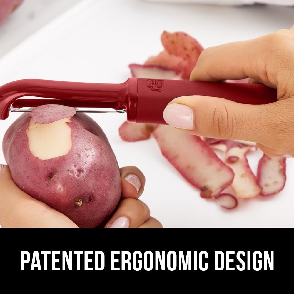 image:imageGORILLA GRIP Patented BPAFree Vegetable Peeler Extra Sharp Swivel Stainless Steel Blades with Guard Comfortable Soft Handle Easily Peel Carrots or Fruit Potato Eye Remover Washer Safe BlackRed
