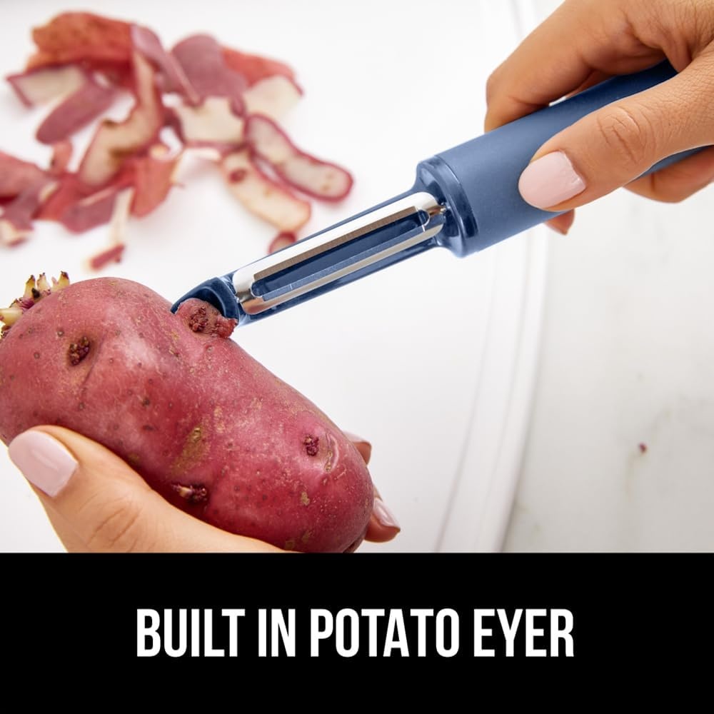 image:imageGORILLA GRIP Patented BPAFree Vegetable Peeler Extra Sharp Swivel Stainless Steel Blades with Guard Comfortable Soft Handle Easily Peel Carrots or Fruit Potato Eye Remover Washer Safe BlackBlue