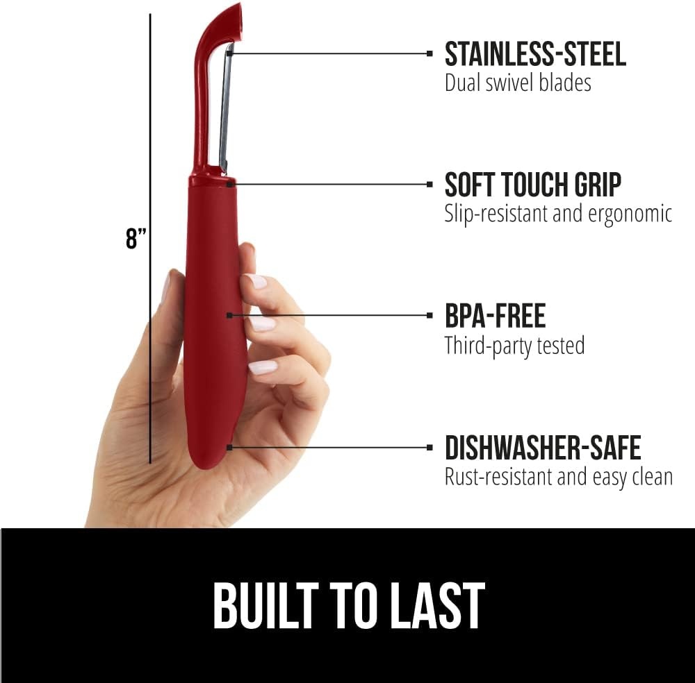 image:imageGORILLA GRIP Patented BPAFree Vegetable Peeler Extra Sharp Swivel Stainless Steel Blades with Guard Comfortable Soft Handle Easily Peel Carrots or Fruit Potato Eye Remover Washer Safe BlackRed