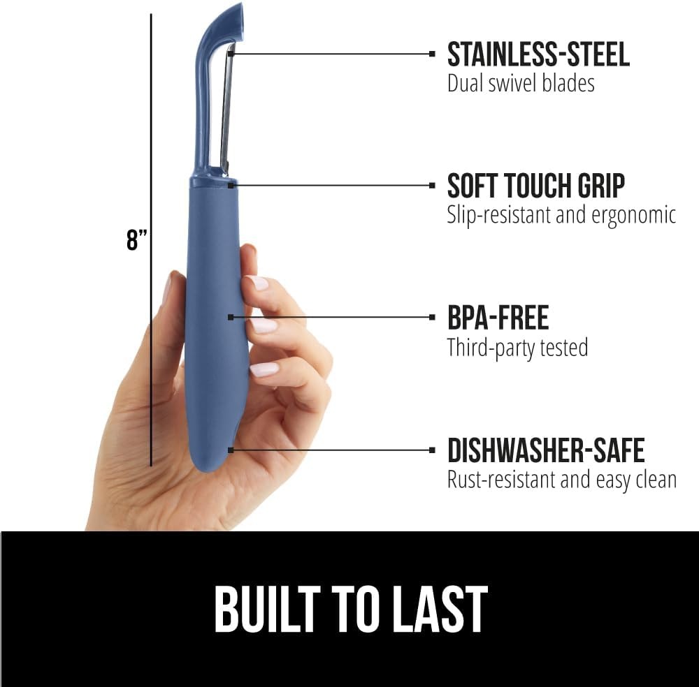 image:imageGORILLA GRIP Patented BPAFree Vegetable Peeler Extra Sharp Swivel Stainless Steel Blades with Guard Comfortable Soft Handle Easily Peel Carrots or Fruit Potato Eye Remover Washer Safe BlackBlue