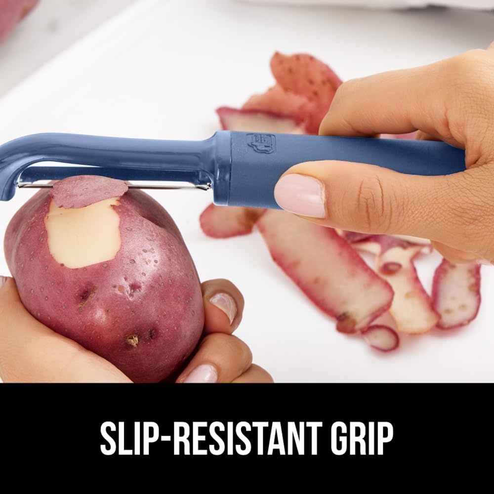 image:imageGORILLA GRIP Patented BPAFree Vegetable Peeler Extra Sharp Swivel Stainless Steel Blades with Guard Comfortable Soft Handle Easily Peel Carrots or Fruit Potato Eye Remover Washer Safe BlackBlue
