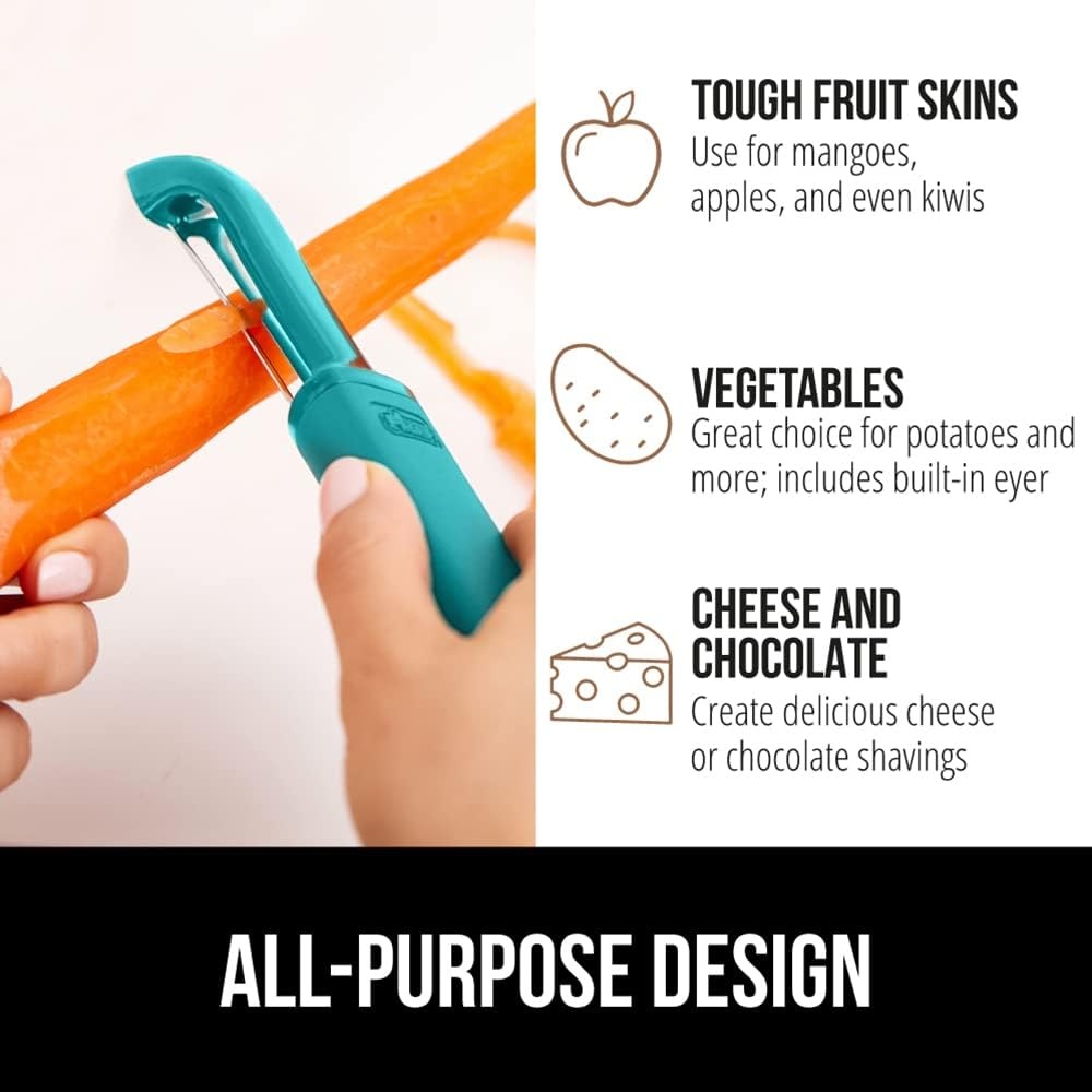 image:imageGORILLA GRIP Patented BPAFree Vegetable Peeler Extra Sharp Swivel Stainless Steel Blades with Guard Comfortable Soft Handle Easily Peel Carrots or Fruit Potato Eye Remover Washer Safe BlackTurquoise