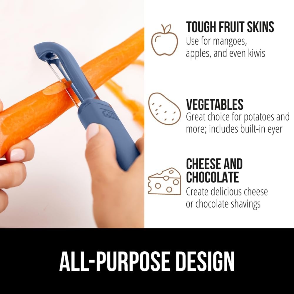 image:imageGORILLA GRIP Patented BPAFree Vegetable Peeler Extra Sharp Swivel Stainless Steel Blades with Guard Comfortable Soft Handle Easily Peel Carrots or Fruit Potato Eye Remover Washer Safe BlackBlue