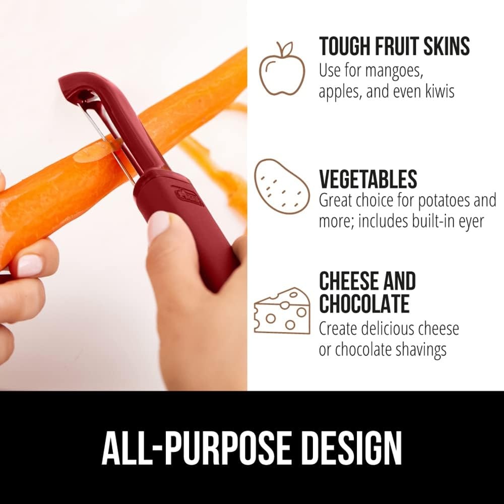 image:imageGORILLA GRIP Patented BPAFree Vegetable Peeler Extra Sharp Swivel Stainless Steel Blades with Guard Comfortable Soft Handle Easily Peel Carrots or Fruit Potato Eye Remover Washer Safe BlackRed