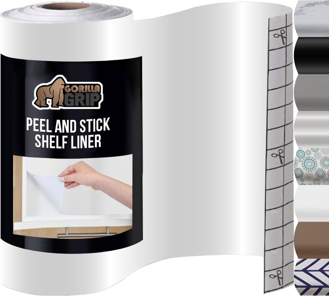 image:imageGORILLA GRIP Peel and Stick Paper Removable Cover for Books Shelves Countertops Drawers Cabinets and Crafts Easy Install Kitchen Decor Shelf Cabinet Liners 118 in x 20 FT Bright WhiteGray