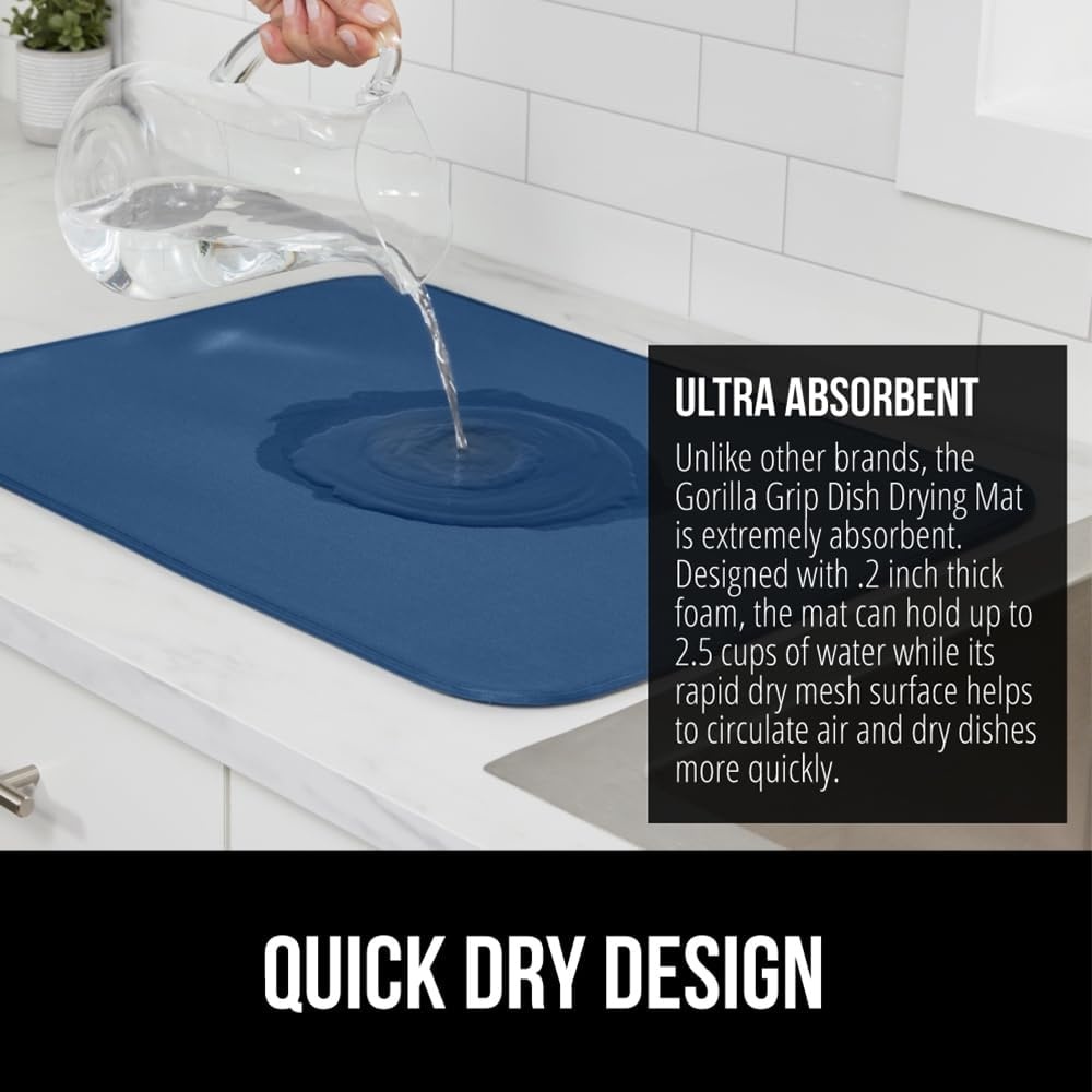 image:imageGORILLA GRIP Ultra Water Absorbent Microfiber Dish Drying Mat Quick Dry Thick Mesh Slip Resistant Pad for Sink Dishes or Under Rack Kitchen Counter Accessories Machine Wash Mats 18x16 Inch BlackBlue
