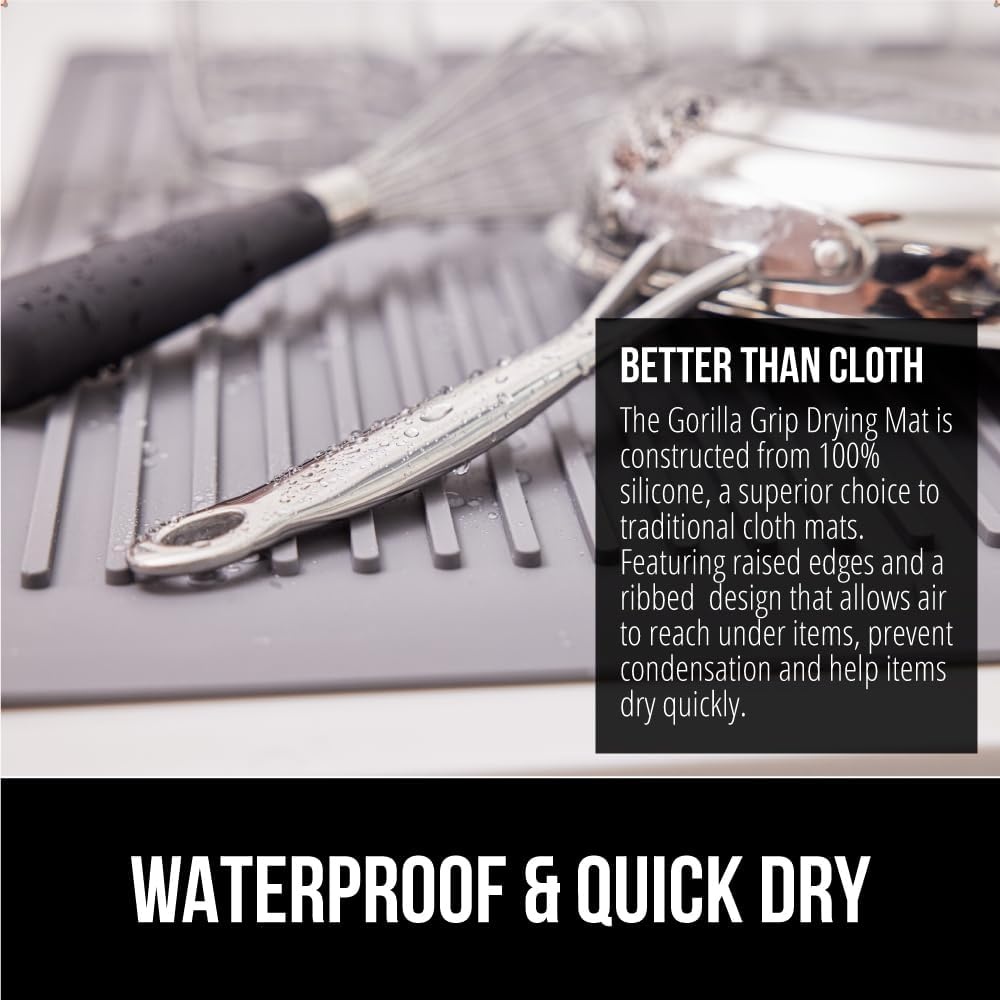 image:imageGORILLA GRIP Ultra Water Absorbent Microfiber Dish Drying Mat Quick Dry Thick Mesh Slip Resistant Pad for Sink Dishes or Under Rack Kitchen Counter Accessories Machine Wash Mats 18x16 Inch BlackGray
