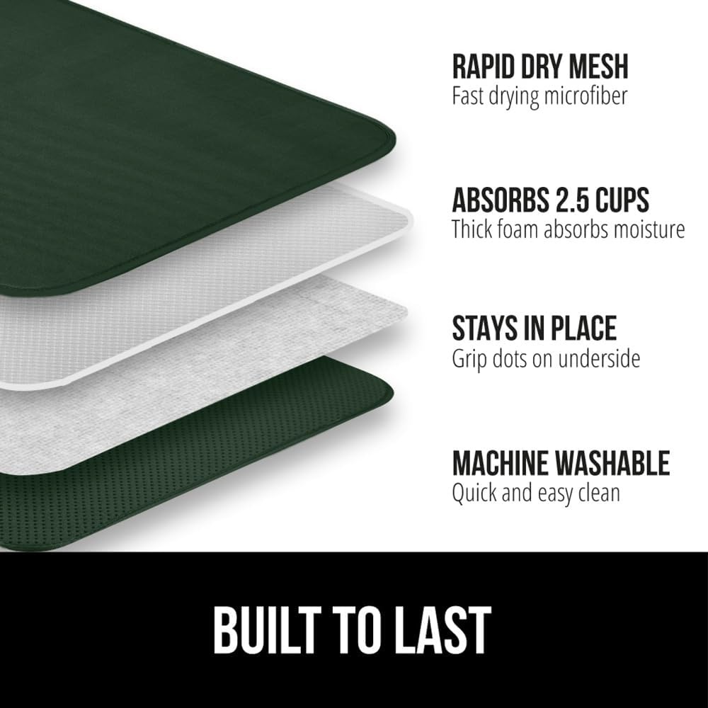 image:imageGORILLA GRIP Ultra Water Absorbent Microfiber Dish Drying Mat Quick Dry Thick Mesh Slip Resistant Pad for Sink Dishes or Under Rack Kitchen Counter Accessories Machine Wash Mats 18x16 Inch BlackHunter Green