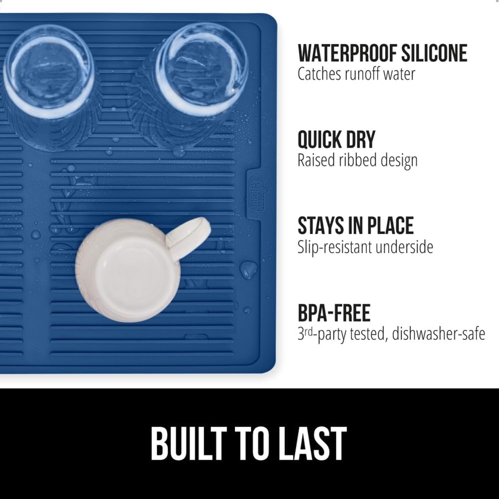 image:imageGORILLA GRIP Ultra Water Absorbent Microfiber Dish Drying Mat Quick Dry Thick Mesh Slip Resistant Pad for Sink Dishes or Under Rack Kitchen Counter Accessories Machine Wash Mats 18x16 Inch BlackBlue