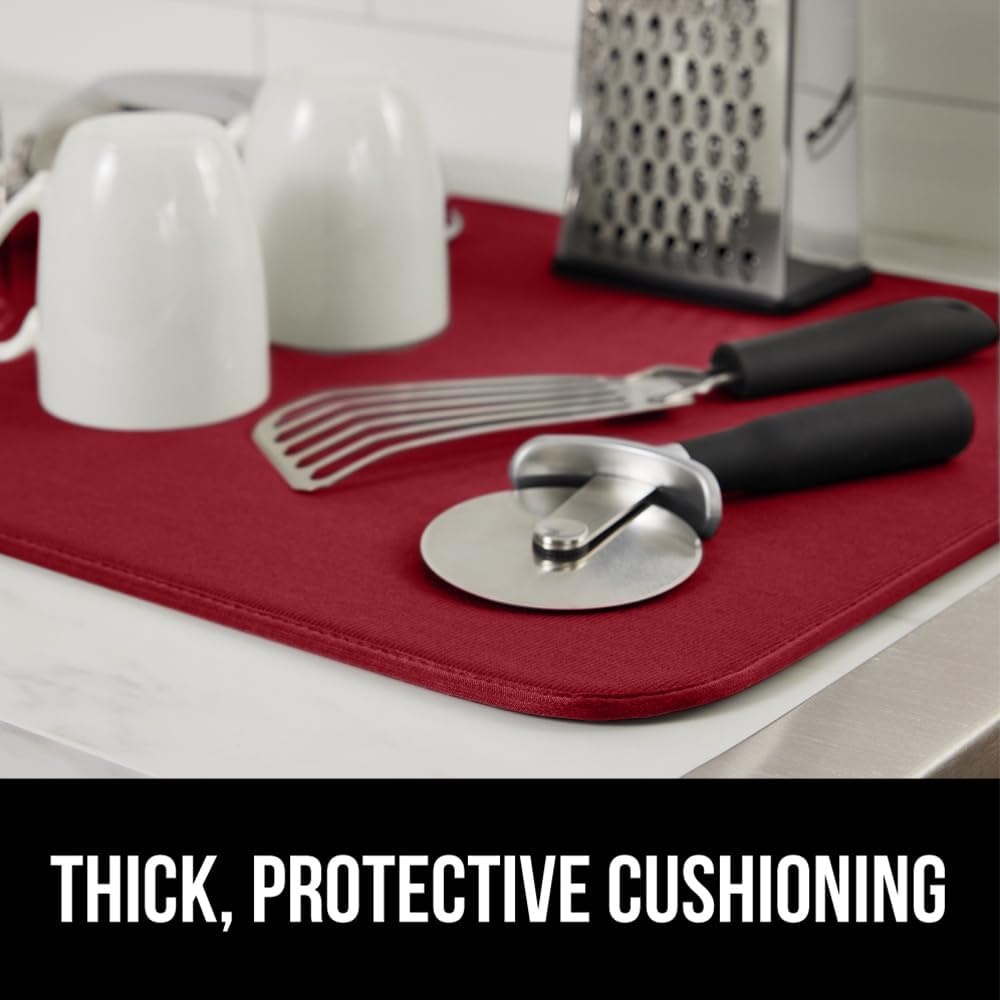 image:imageGORILLA GRIP Ultra Water Absorbent Microfiber Dish Drying Mat Quick Dry Thick Mesh Slip Resistant Pad for Sink Dishes or Under Rack Kitchen Counter Accessories Machine Wash Mats 18x16 Inch BlackRed