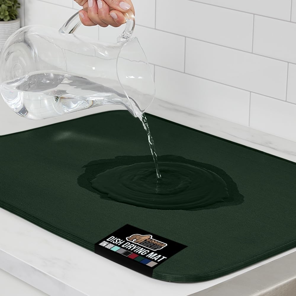 image:imageGORILLA GRIP Ultra Water Absorbent Microfiber Dish Drying Mat Quick Dry Thick Mesh Slip Resistant Pad for Sink Dishes or Under Rack Kitchen Counter Accessories Machine Wash Mats 18x16 Inch BlackHunter Green