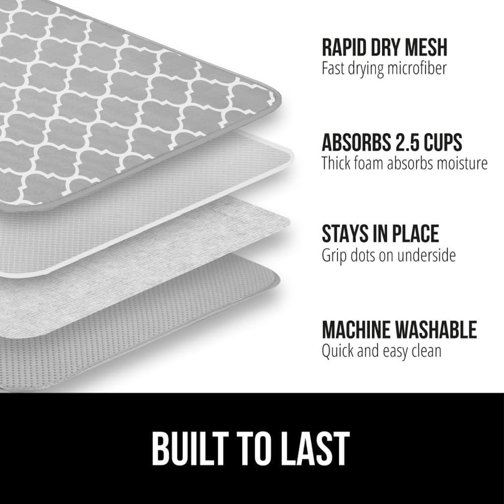 image:imageGORILLA GRIP Ultra Water Absorbent Microfiber Dish Drying Mat Quick Dry Thick Mesh Slip Resistant Pad for Sink Dishes or Under Rack Kitchen Counter Accessories Machine Wash Mats 18x16 Inch BlackQuatrefoil