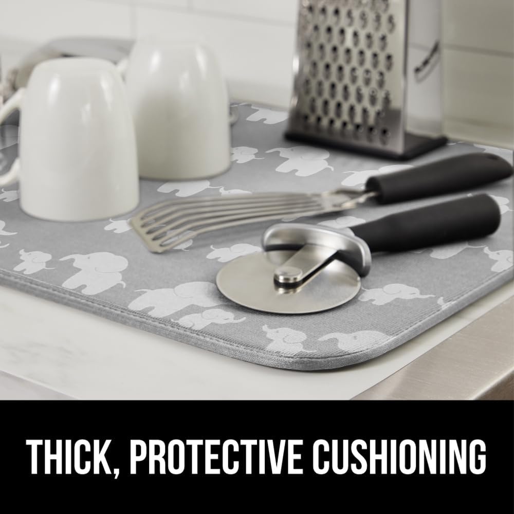 image:imageGORILLA GRIP Ultra Water Absorbent Microfiber Dish Drying Mat Quick Dry Thick Mesh Slip Resistant Pad for Sink Dishes or Under Rack Kitchen Counter Accessories Machine Wash Mats 18x16 Inch BlackElephants