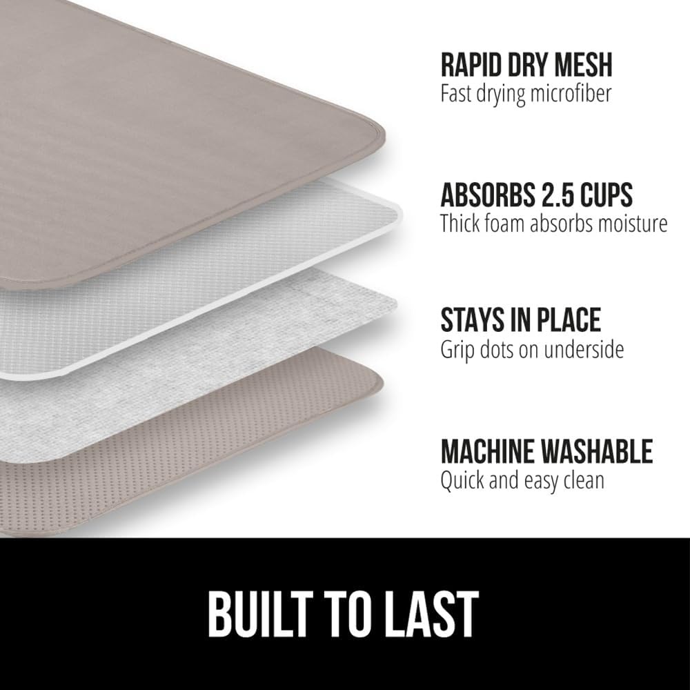 image:imageGORILLA GRIP Ultra Water Absorbent Microfiber Dish Drying Mat Quick Dry Thick Mesh Slip Resistant Pad for Sink Dishes or Under Rack Kitchen Counter Accessories Machine Wash Mats 18x16 Inch BlackAlmond