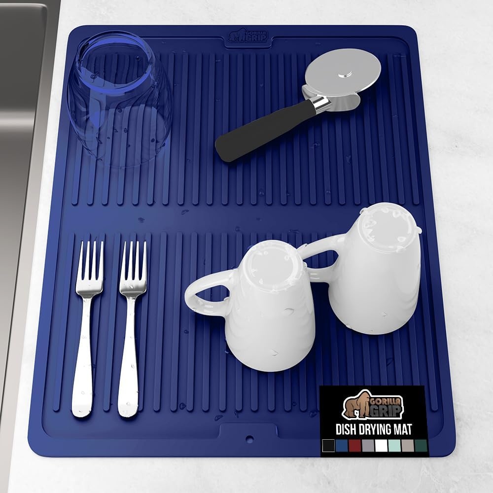 image:imageGORILLA GRIP Ultra Water Absorbent Microfiber Dish Drying Mat Quick Dry Thick Mesh Slip Resistant Pad for Sink Dishes or Under Rack Kitchen Counter Accessories Machine Wash Mats 18x16 Inch BlackBlue