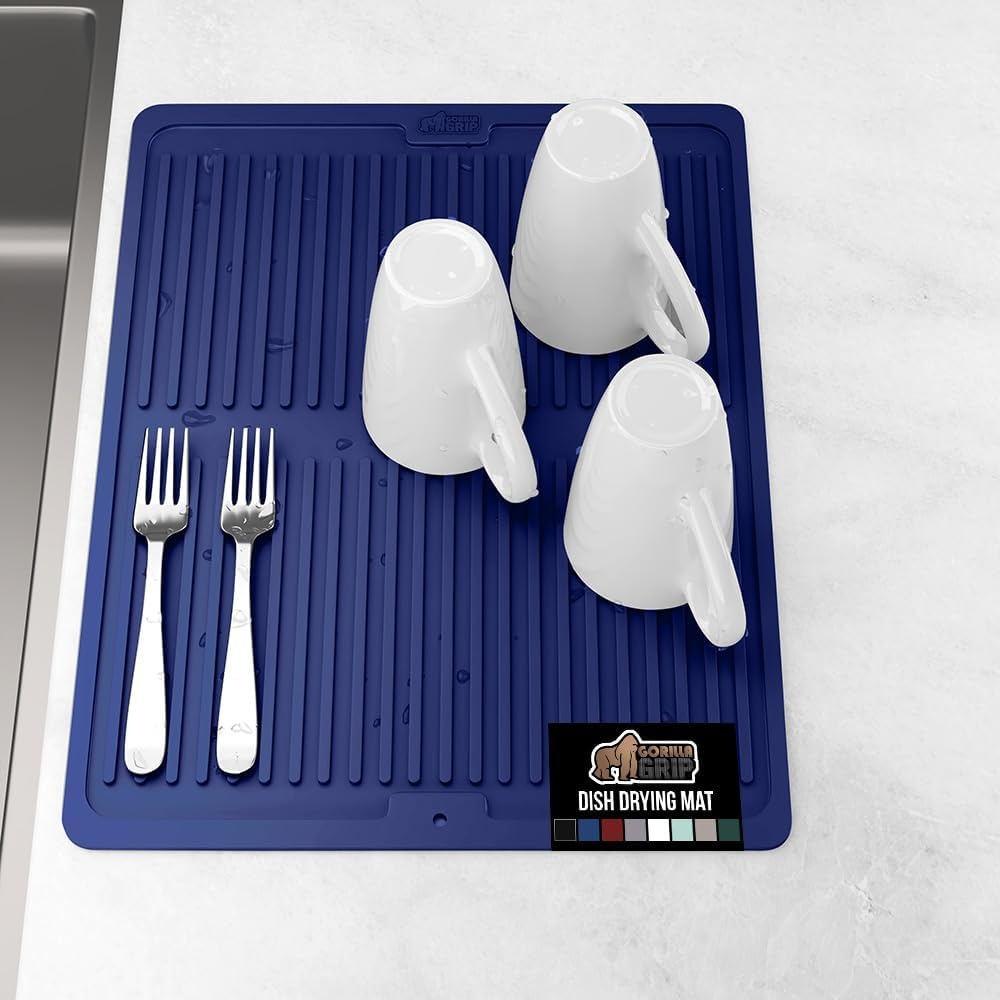 image:imageGORILLA GRIP Ultra Water Absorbent Microfiber Dish Drying Mat Quick Dry Thick Mesh Slip Resistant Pad for Sink Dishes or Under Rack Kitchen Counter Accessories Machine Wash Mats 18x16 Inch BlackBlue