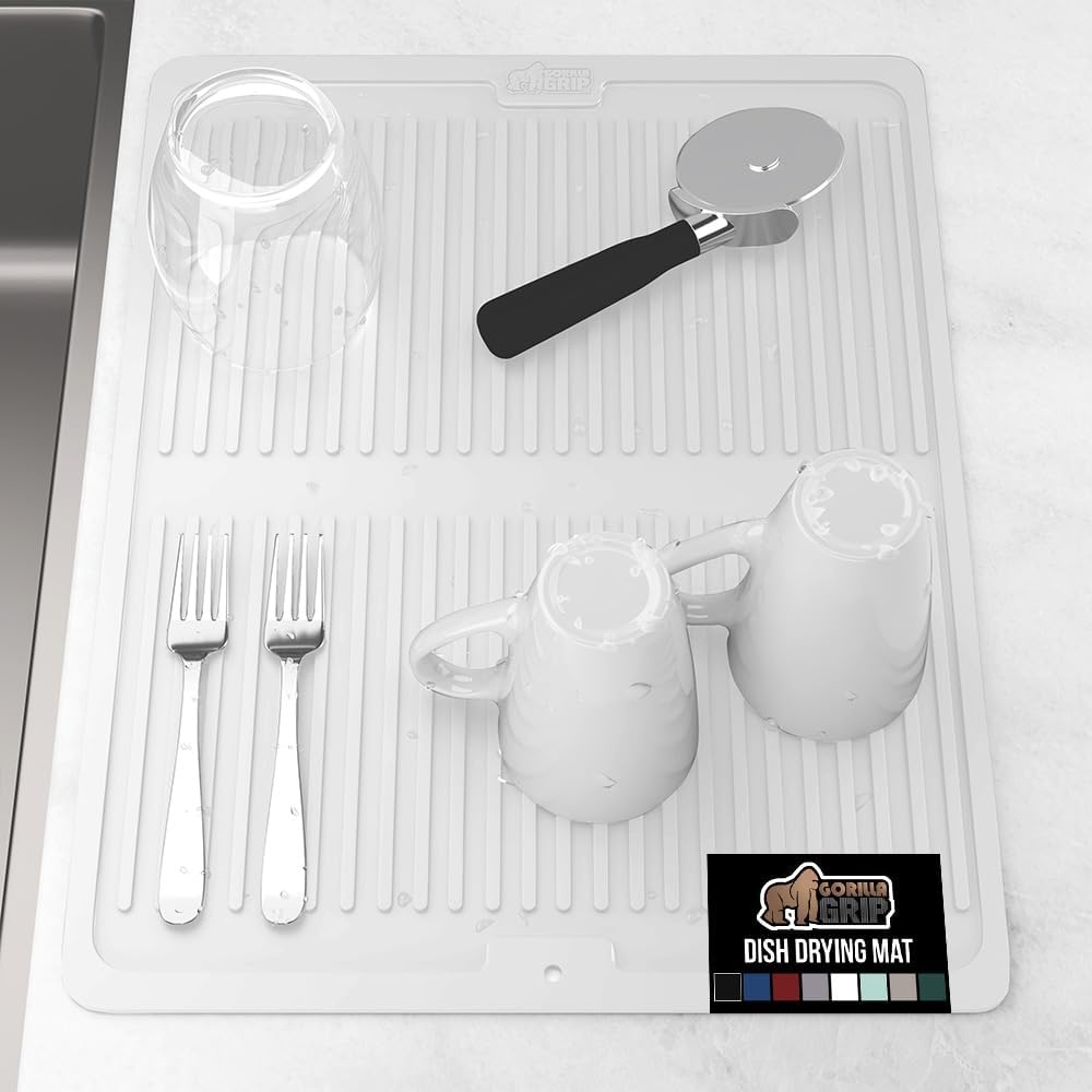 image:imageGORILLA GRIP Ultra Water Absorbent Microfiber Dish Drying Mat Quick Dry Thick Mesh Slip Resistant Pad for Sink Dishes or Under Rack Kitchen Counter Accessories Machine Wash Mats 18x16 Inch BlackWhite