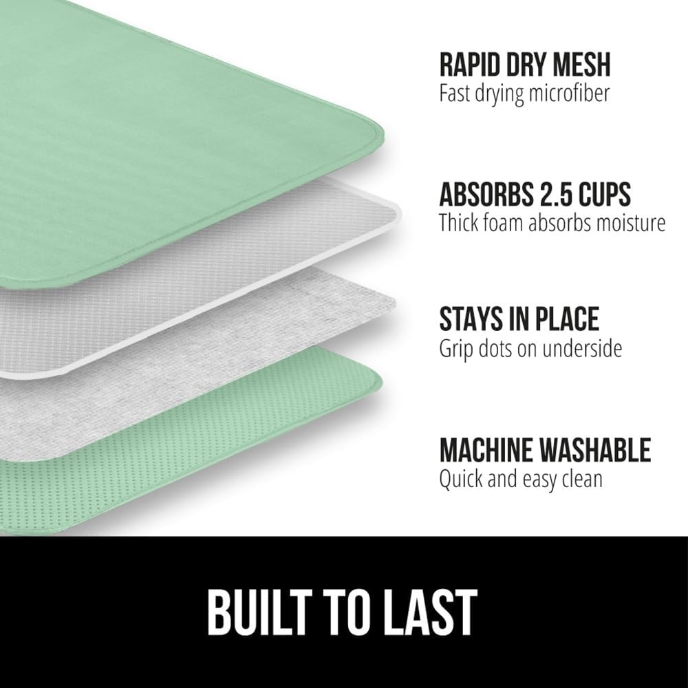 image:imageGORILLA GRIP Ultra Water Absorbent Microfiber Dish Drying Mat Quick Dry Thick Mesh Slip Resistant Pad for Sink Dishes or Under Rack Kitchen Counter Accessories Machine Wash Mats 18x16 Inch BlackMint