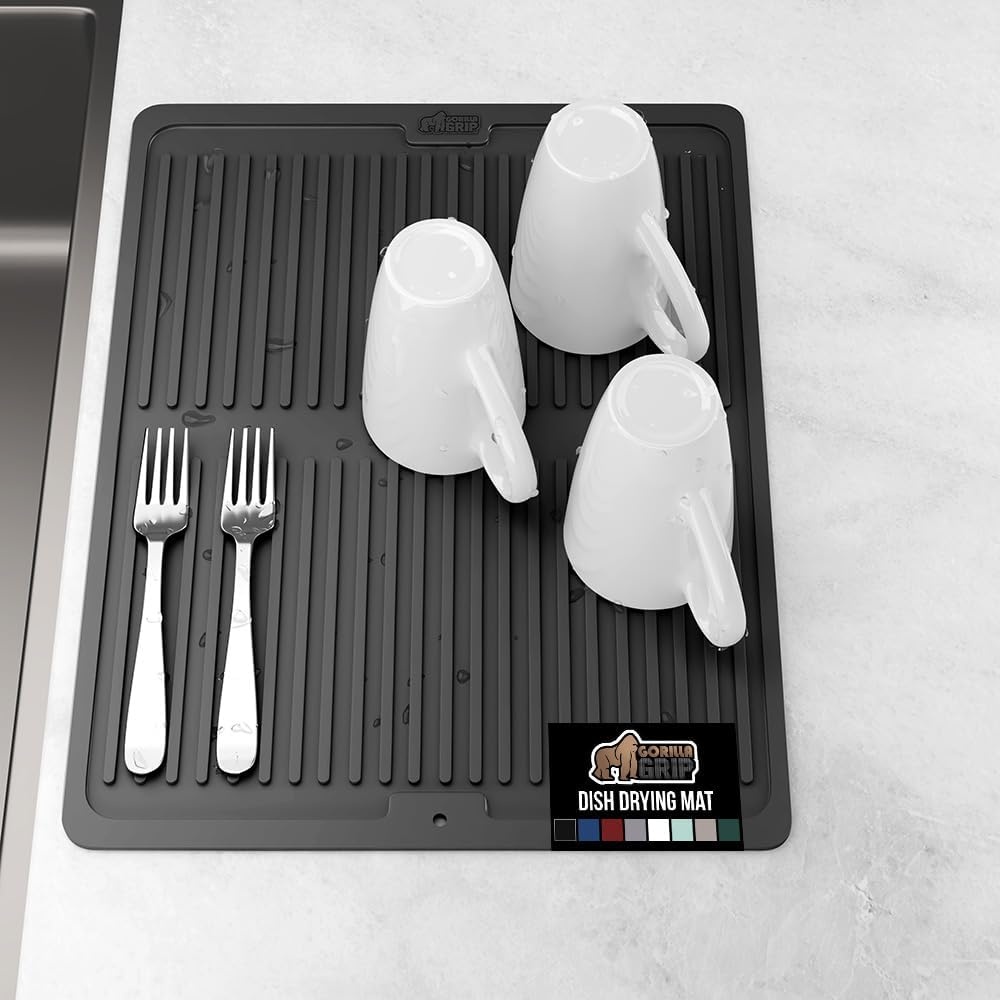 image:imageGORILLA GRIP Ultra Water Absorbent Microfiber Dish Drying Mat Quick Dry Thick Mesh Slip Resistant Pad for Sink Dishes or Under Rack Kitchen Counter Accessories Machine Wash Mats 18x16 Inch BlackBlack