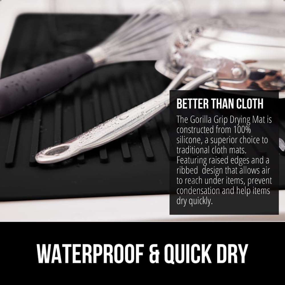 image:imageGORILLA GRIP Ultra Water Absorbent Microfiber Dish Drying Mat Quick Dry Thick Mesh Slip Resistant Pad for Sink Dishes or Under Rack Kitchen Counter Accessories Machine Wash Mats 18x16 Inch BlackBlack