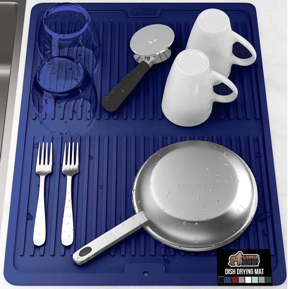 image:imageGORILLA GRIP Ultra Water Absorbent Microfiber Dish Drying Mat Quick Dry Thick Mesh Slip Resistant Pad for Sink Dishes or Under Rack Kitchen Counter Accessories Machine Wash Mats 18x16 Inch BlackBlue
