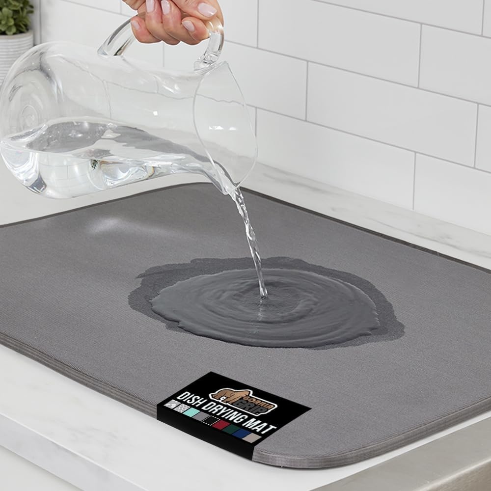 image:imageGORILLA GRIP Ultra Water Absorbent Microfiber Dish Drying Mat Quick Dry Thick Mesh Slip Resistant Pad for Sink Dishes or Under Rack Kitchen Counter Accessories Machine Wash Mats 18x16 Inch BlackGray