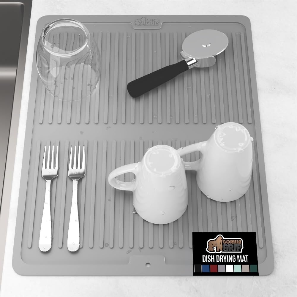 image:imageGORILLA GRIP Ultra Water Absorbent Microfiber Dish Drying Mat Quick Dry Thick Mesh Slip Resistant Pad for Sink Dishes or Under Rack Kitchen Counter Accessories Machine Wash Mats 18x16 Inch BlackGray