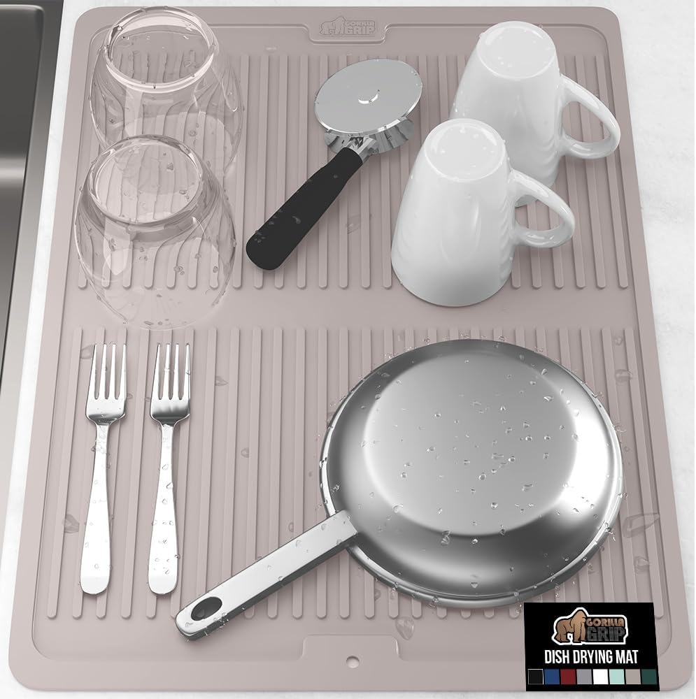 image:imageGORILLA GRIP Ultra Water Absorbent Microfiber Dish Drying Mat Quick Dry Thick Mesh Slip Resistant Pad for Sink Dishes or Under Rack Kitchen Counter Accessories Machine Wash Mats 18x16 Inch BlackAlmond