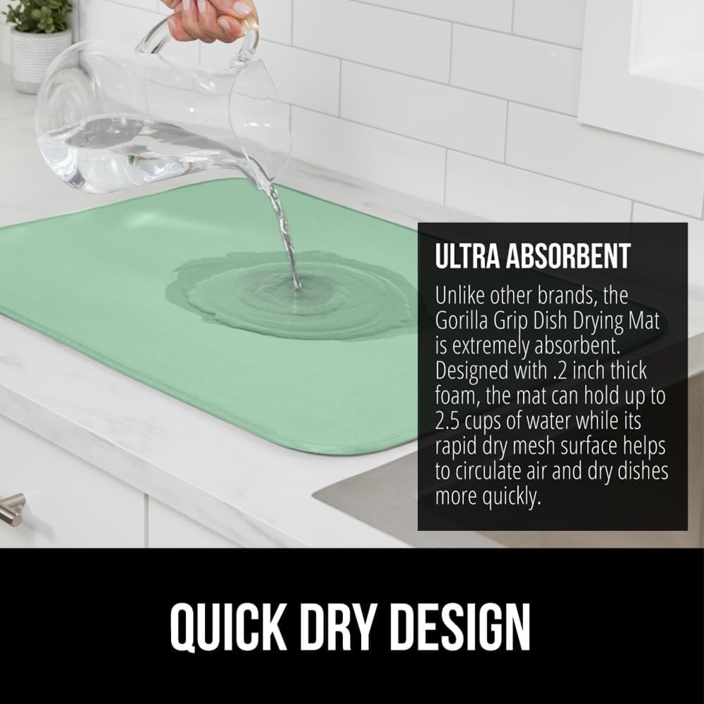 image:imageGORILLA GRIP Ultra Water Absorbent Microfiber Dish Drying Mat Quick Dry Thick Mesh Slip Resistant Pad for Sink Dishes or Under Rack Kitchen Counter Accessories Machine Wash Mats 18x16 Inch BlackMint
