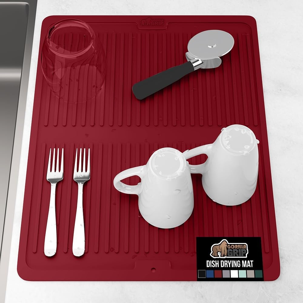image:imageGORILLA GRIP Ultra Water Absorbent Microfiber Dish Drying Mat Quick Dry Thick Mesh Slip Resistant Pad for Sink Dishes or Under Rack Kitchen Counter Accessories Machine Wash Mats 18x16 Inch BlackRed