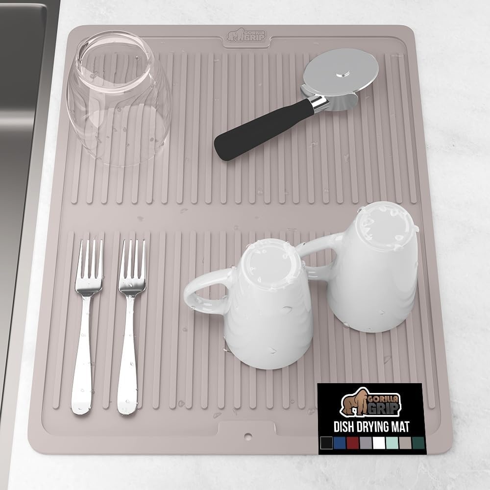 image:imageGORILLA GRIP Ultra Water Absorbent Microfiber Dish Drying Mat Quick Dry Thick Mesh Slip Resistant Pad for Sink Dishes or Under Rack Kitchen Counter Accessories Machine Wash Mats 18x16 Inch BlackAlmond