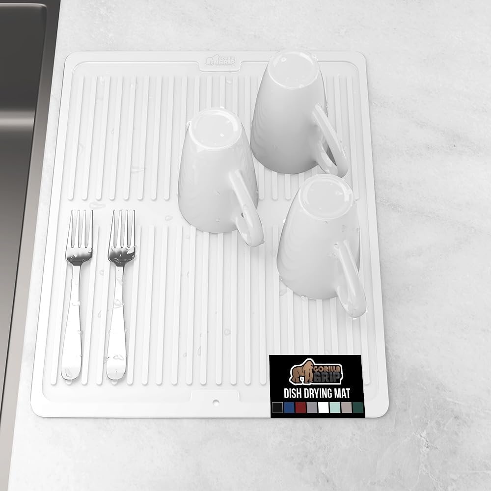 image:imageGORILLA GRIP Ultra Water Absorbent Microfiber Dish Drying Mat Quick Dry Thick Mesh Slip Resistant Pad for Sink Dishes or Under Rack Kitchen Counter Accessories Machine Wash Mats 18x16 Inch BlackWhite
