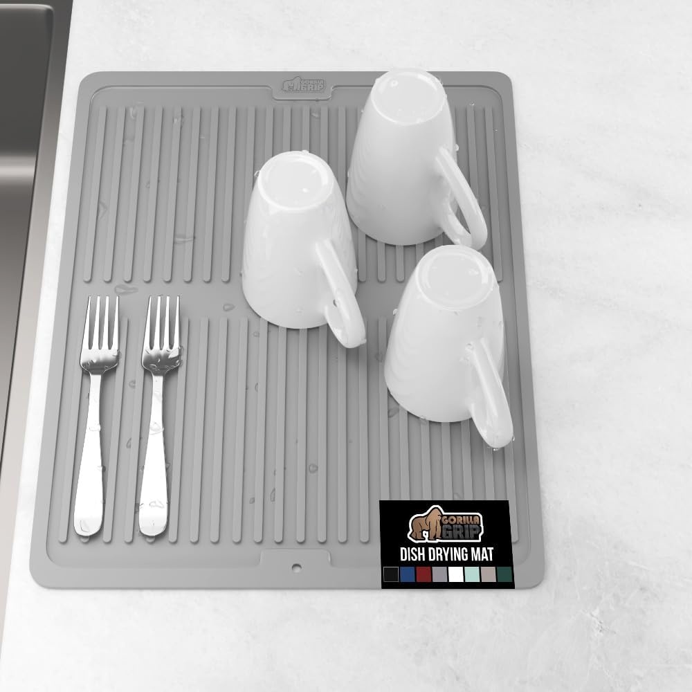 image:imageGORILLA GRIP Ultra Water Absorbent Microfiber Dish Drying Mat Quick Dry Thick Mesh Slip Resistant Pad for Sink Dishes or Under Rack Kitchen Counter Accessories Machine Wash Mats 18x16 Inch BlackGray
