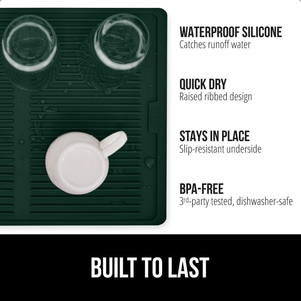 image:imageGORILLA GRIP Ultra Water Absorbent Microfiber Dish Drying Mat Quick Dry Thick Mesh Slip Resistant Pad for Sink Dishes or Under Rack Kitchen Counter Accessories Machine Wash Mats 18x16 Inch BlackHunter Green