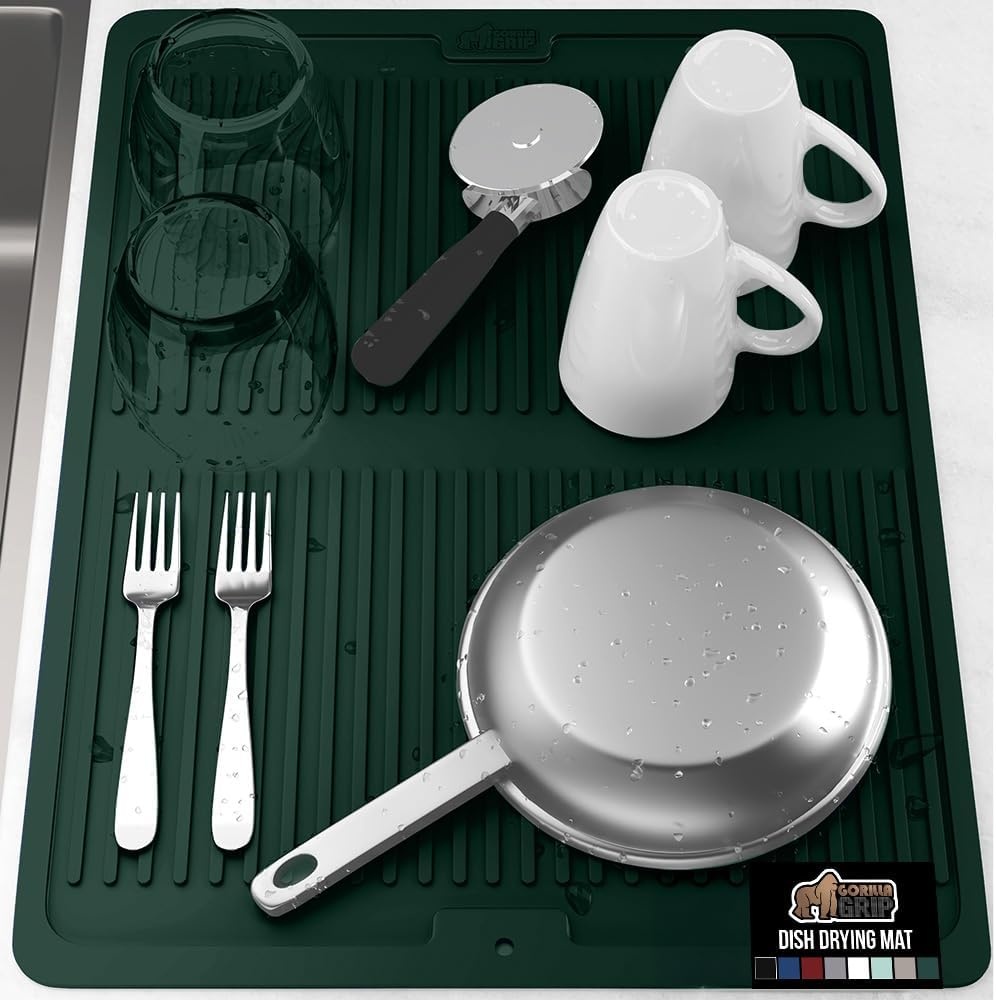 image:imageGORILLA GRIP Ultra Water Absorbent Microfiber Dish Drying Mat Quick Dry Thick Mesh Slip Resistant Pad for Sink Dishes or Under Rack Kitchen Counter Accessories Machine Wash Mats 18x16 Inch BlackHunter Green