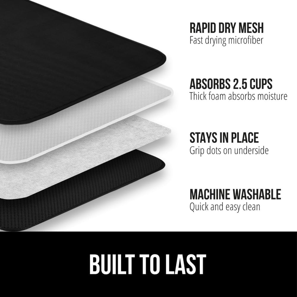 image:imageGORILLA GRIP Ultra Water Absorbent Microfiber Dish Drying Mat Quick Dry Thick Mesh Slip Resistant Pad for Sink Dishes or Under Rack Kitchen Counter Accessories Machine Wash Mats 18x16 Inch BlackBlack