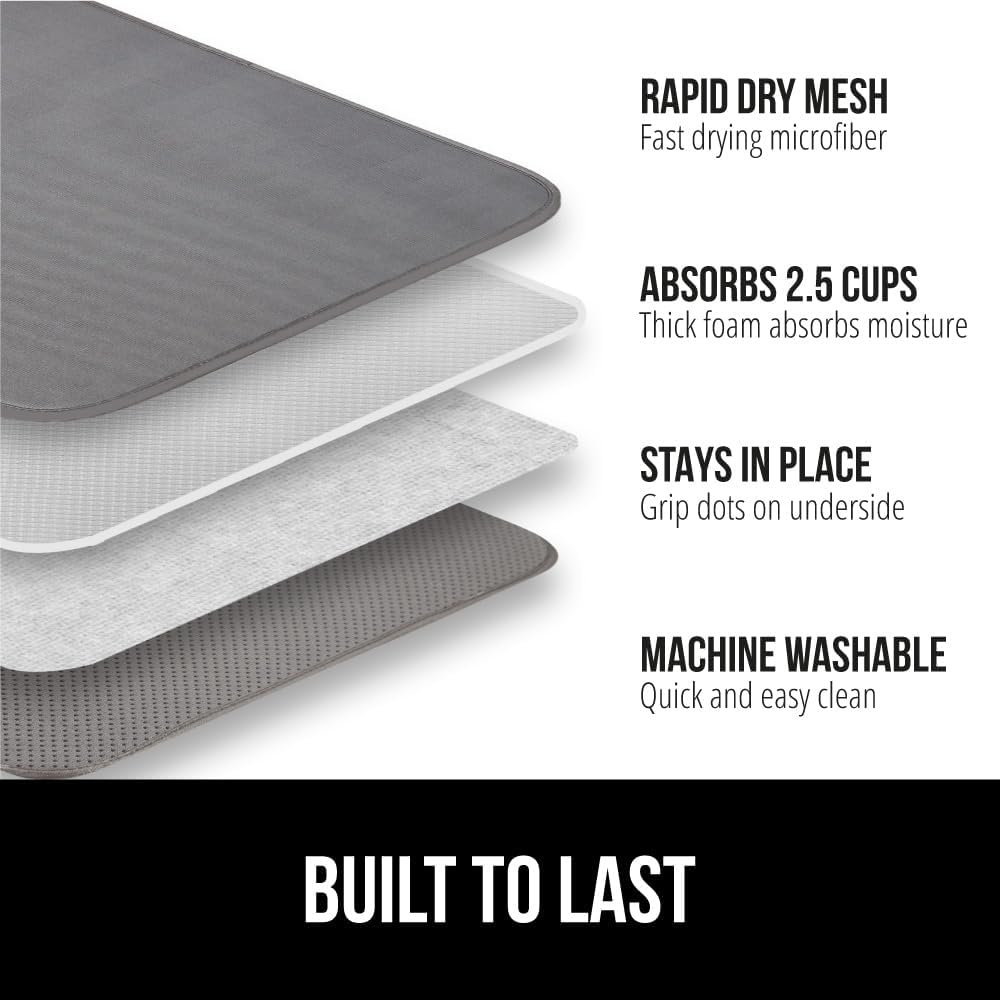 image:imageGORILLA GRIP Ultra Water Absorbent Microfiber Dish Drying Mat Quick Dry Thick Mesh Slip Resistant Pad for Sink Dishes or Under Rack Kitchen Counter Accessories Machine Wash Mats 18x16 Inch BlackGray
