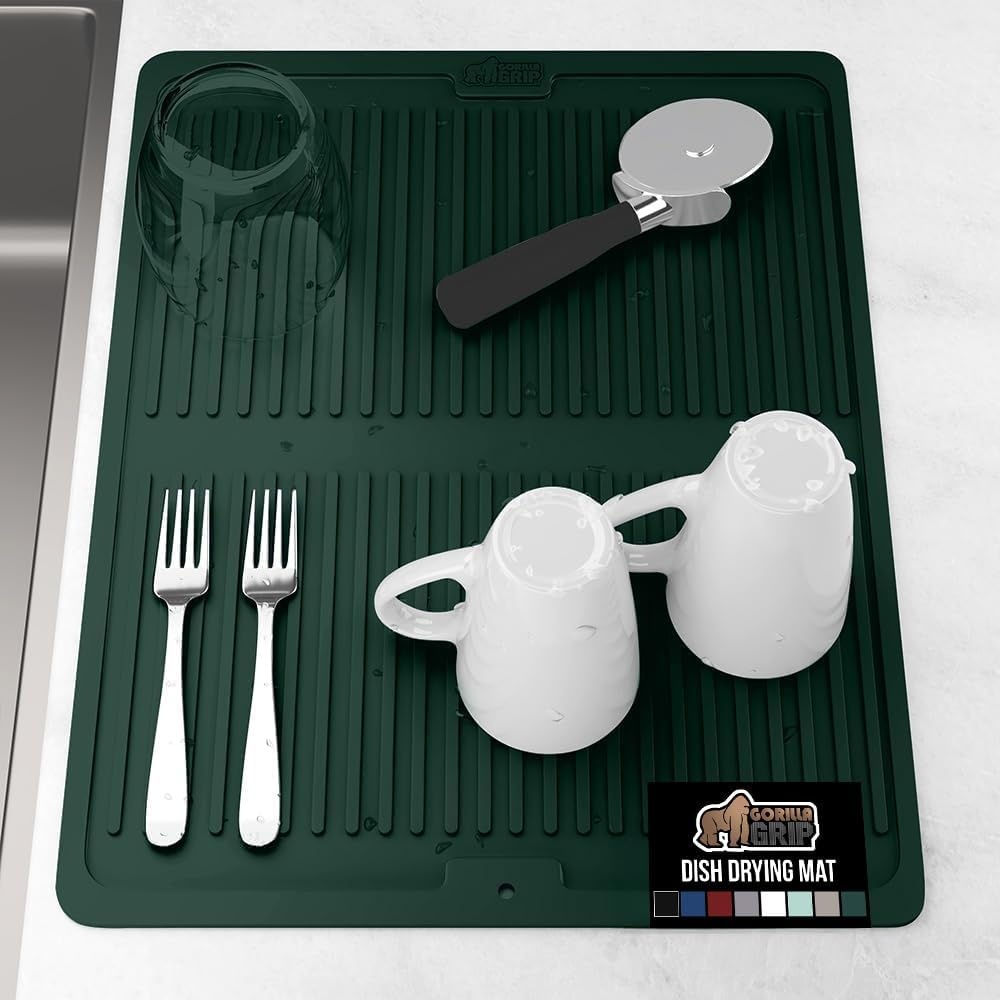 image:imageGORILLA GRIP Ultra Water Absorbent Microfiber Dish Drying Mat Quick Dry Thick Mesh Slip Resistant Pad for Sink Dishes or Under Rack Kitchen Counter Accessories Machine Wash Mats 18x16 Inch BlackHunter Green