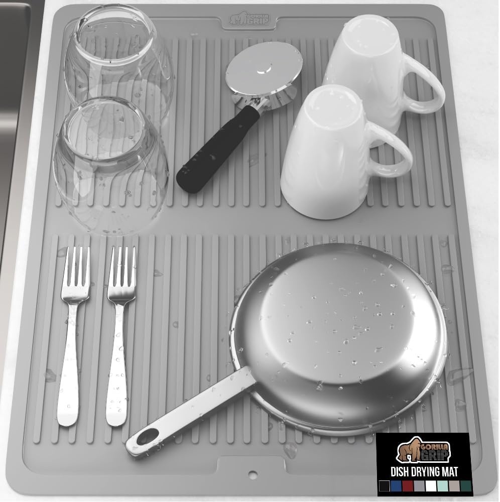 image:imageGORILLA GRIP Ultra Water Absorbent Microfiber Dish Drying Mat Quick Dry Thick Mesh Slip Resistant Pad for Sink Dishes or Under Rack Kitchen Counter Accessories Machine Wash Mats 18x16 Inch BlackGray