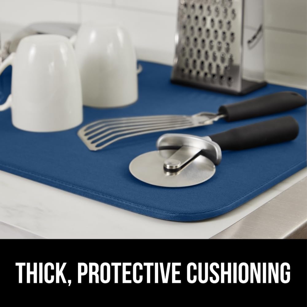 image:imageGORILLA GRIP Ultra Water Absorbent Microfiber Dish Drying Mat Quick Dry Thick Mesh Slip Resistant Pad for Sink Dishes or Under Rack Kitchen Counter Accessories Machine Wash Mats 18x16 Inch BlackBlue