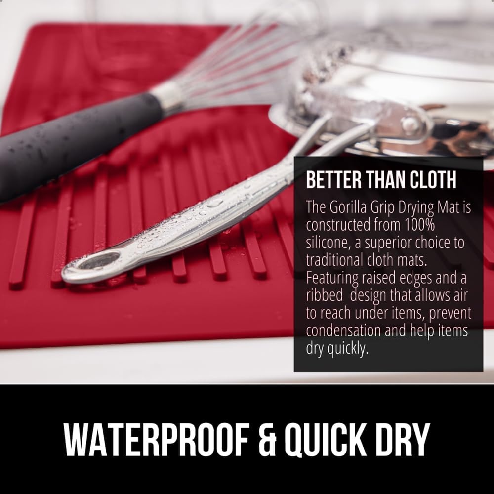 image:imageGORILLA GRIP Ultra Water Absorbent Microfiber Dish Drying Mat Quick Dry Thick Mesh Slip Resistant Pad for Sink Dishes or Under Rack Kitchen Counter Accessories Machine Wash Mats 18x16 Inch BlackRed