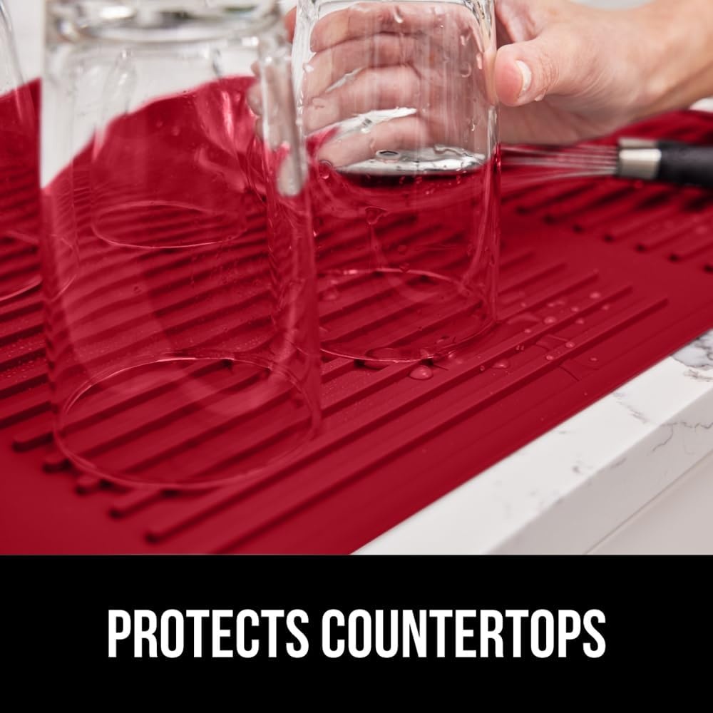 image:imageGORILLA GRIP Ultra Water Absorbent Microfiber Dish Drying Mat Quick Dry Thick Mesh Slip Resistant Pad for Sink Dishes or Under Rack Kitchen Counter Accessories Machine Wash Mats 18x16 Inch BlackRed