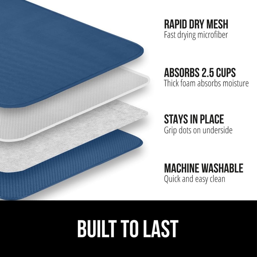 image:imageGORILLA GRIP Ultra Water Absorbent Microfiber Dish Drying Mat Quick Dry Thick Mesh Slip Resistant Pad for Sink Dishes or Under Rack Kitchen Counter Accessories Machine Wash Mats 18x16 Inch BlackBlue