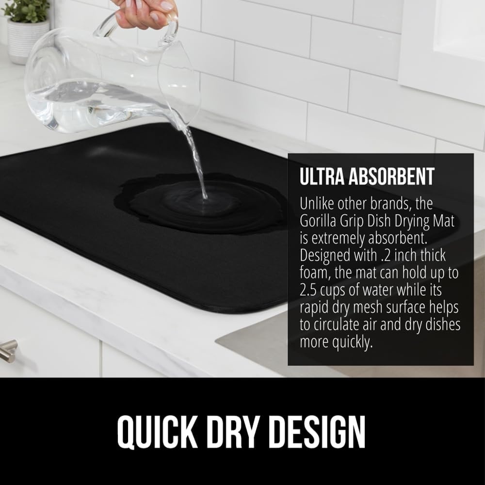 image:imageGORILLA GRIP Ultra Water Absorbent Microfiber Dish Drying Mat Quick Dry Thick Mesh Slip Resistant Pad for Sink Dishes or Under Rack Kitchen Counter Accessories Machine Wash Mats 18x16 Inch BlackBlack