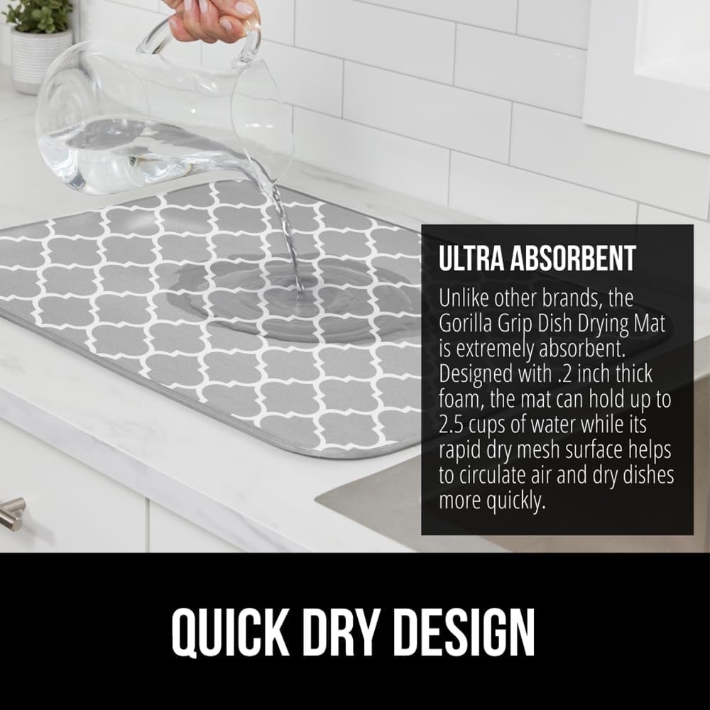 image:imageGORILLA GRIP Ultra Water Absorbent Microfiber Dish Drying Mat Quick Dry Thick Mesh Slip Resistant Pad for Sink Dishes or Under Rack Kitchen Counter Accessories Machine Wash Mats 18x16 Inch BlackQuatrefoil