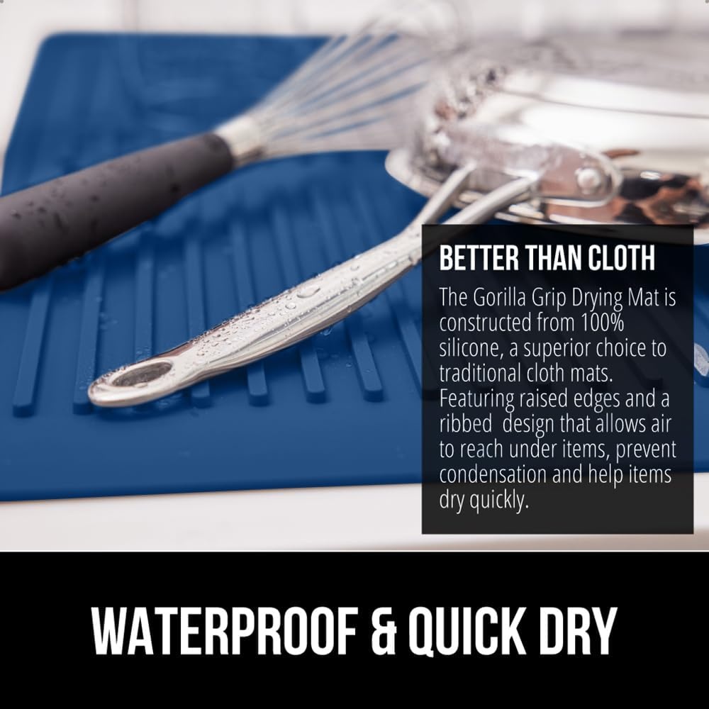 image:imageGORILLA GRIP Ultra Water Absorbent Microfiber Dish Drying Mat Quick Dry Thick Mesh Slip Resistant Pad for Sink Dishes or Under Rack Kitchen Counter Accessories Machine Wash Mats 18x16 Inch BlackBlue