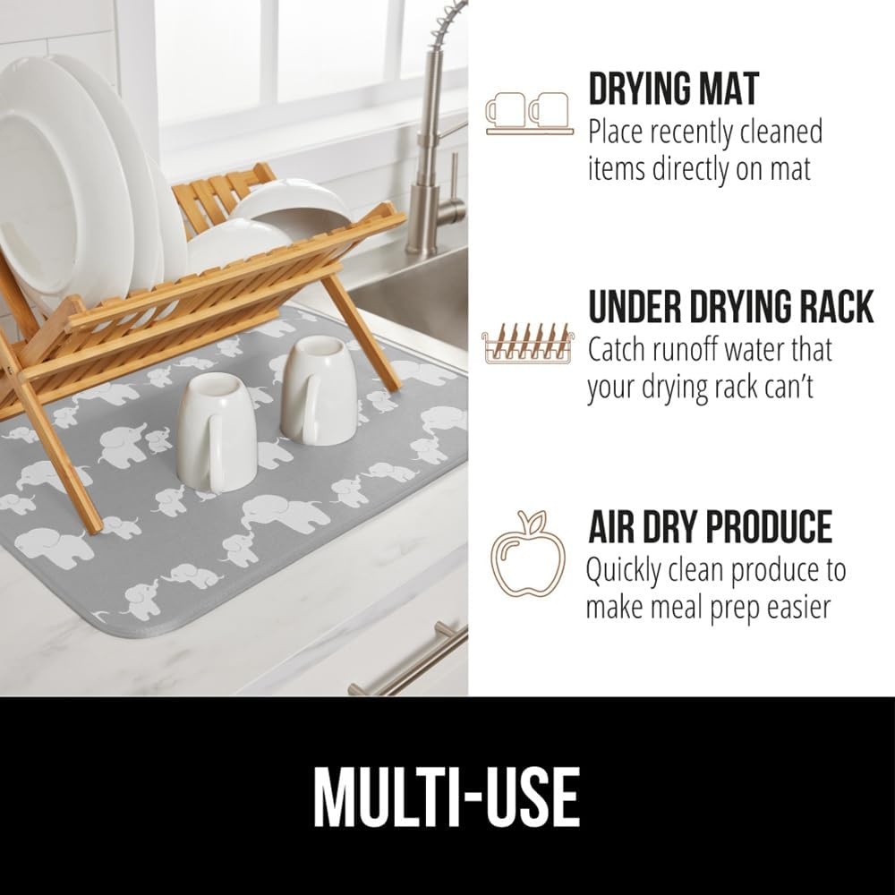 image:imageGORILLA GRIP Ultra Water Absorbent Microfiber Dish Drying Mat Quick Dry Thick Mesh Slip Resistant Pad for Sink Dishes or Under Rack Kitchen Counter Accessories Machine Wash Mats 18x16 Inch BlackElephants