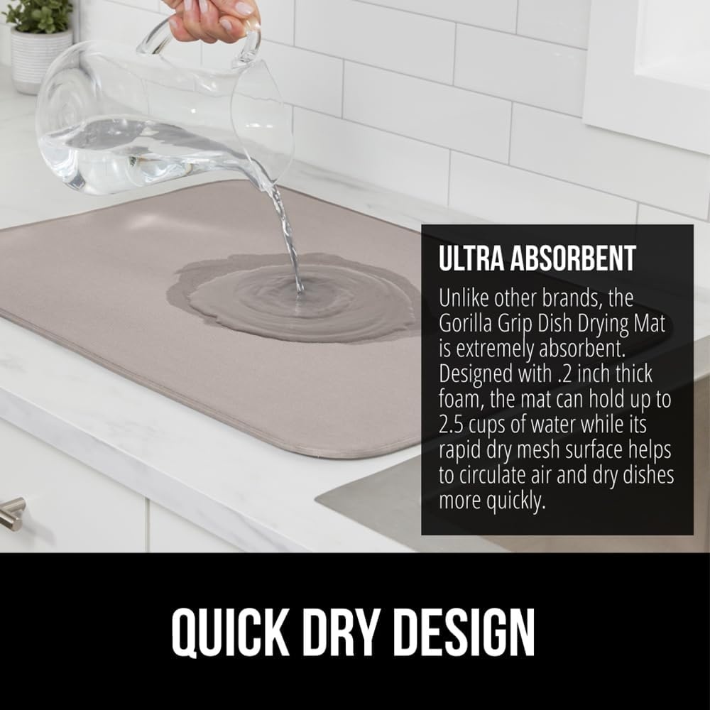 image:imageGORILLA GRIP Ultra Water Absorbent Microfiber Dish Drying Mat Quick Dry Thick Mesh Slip Resistant Pad for Sink Dishes or Under Rack Kitchen Counter Accessories Machine Wash Mats 18x16 Inch BlackAlmond