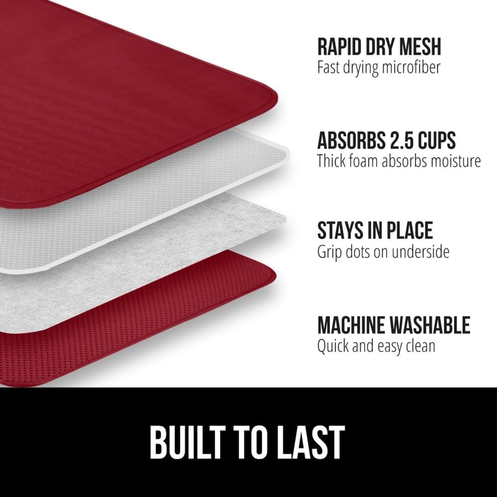 image:imageGORILLA GRIP Ultra Water Absorbent Microfiber Dish Drying Mat Quick Dry Thick Mesh Slip Resistant Pad for Sink Dishes or Under Rack Kitchen Counter Accessories Machine Wash Mats 18x16 Inch BlackRed